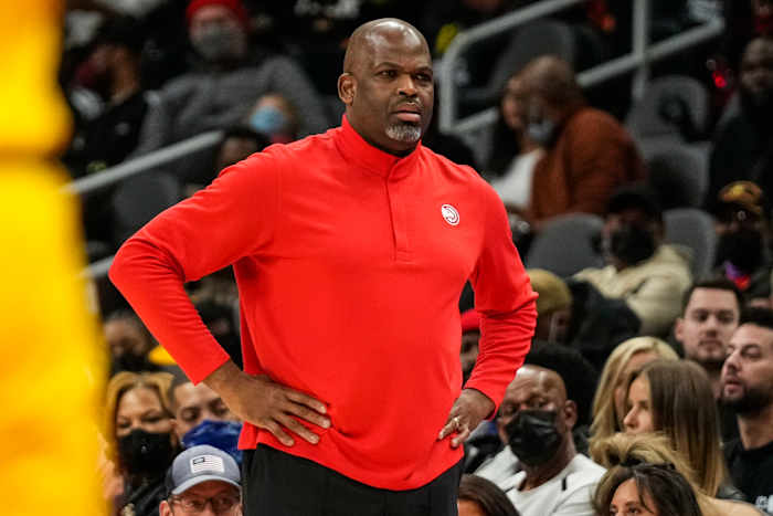 Jan 30, 2022; Atlanta, Georgia, USA; Atlanta Hawks head coach Nate McMillan follows the action against the Los Angeles Lakers during the first half at State Farm Arena.